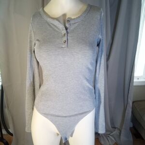 American Eagle Outfitters Ribbed Gray Henley Bodysuit